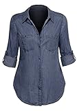 Women's Button Down Roll Up Sleeve Classic Denim Shirt Tops