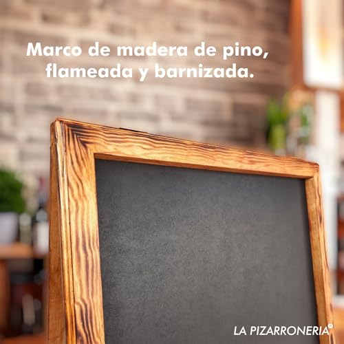 LA PIZARRONERIA Pizarrón de Gis Tipo A Doble Vista 100cm x 54cm | Marco Flameado Nogal, Para Restaurantes, Para Cafeterías, Para Negocios
