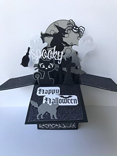 3D Halloween pop up box card - happy halloween pop up card with black cat, flying witch and cute ghosts - halloween greeting card