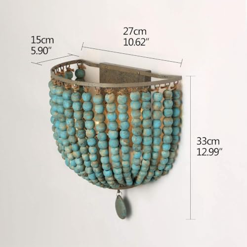 Newrays Wooden Beads Wall Lamp Sconces with Grey Blue Finish Boho Vintage Retro Hardwired for Bedroom Accessories | Antique Retro Hardwired for Bedroom Accessories