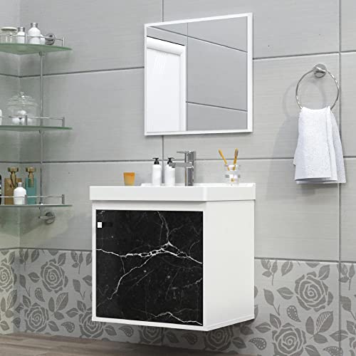 RIVERZZA Gabinete com Cuba de Banheiro 100% MDF Branco Marmorizado Preto - Veneto