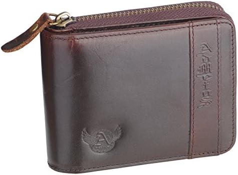 Mens Wallet Leather Zipper Wallet RFID Blocking Credit Card Holder with ID Window