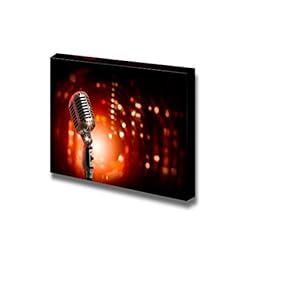 Canvas Prints Wall Art - Single Retro Microphone Against Colourful Background with Lights | Modern Wall Decor/Home Decoration Stretched Gallery Canvas Wrap Giclee Print & Ready to Hang - 12" x 18"