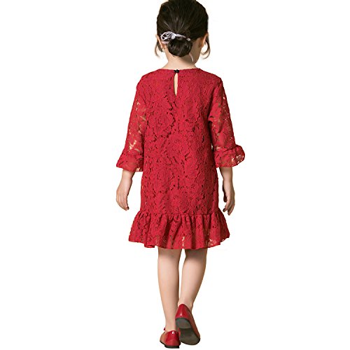 Flower Girl Dress Lace Toddler Country Dresses Wedding Party (4, Red)