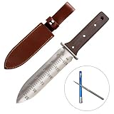 CIELCERA 12" Hori Hori Garden Knife with Free Diamond Sharpening Rod, Stainless Steel Blade with Protective Handguard and Full Tang Handle, Comes with Thick Sheath and Gift Box