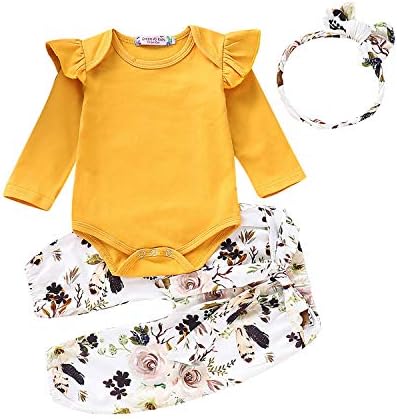 MAMOWEAR 3Pcs Newborn Baby Girls Clothes Ruffle Long Sleeve Romper + Flower Pants + Headband Outfit Set