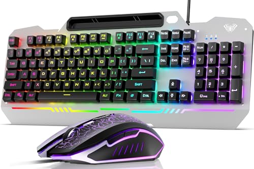 AULA Gaming Keyboard and Mouse, 104 Keys RGB Backlit Computer Keyboard with Numeric Keypad, All-Metal Panel Wired PC Keyboard for Laptop Win XP/7/8/10, T102