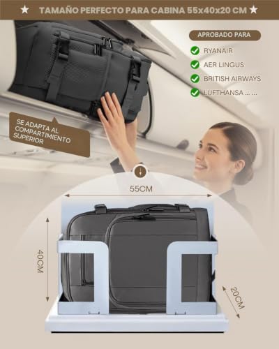 ZHXX Travel Backpack Travel Backpacks for Airplane 55 x 40 x 20 44L Compatible with Ryanair|EasyJet|Wizz Air|Vueling.Includes 17 Inch Laptop Compartment and Pocket with Security Closure