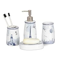 Luxuriant July Lighthouse Decal Bathroom Accessories Set, 4 Pieces, with Lotion/Liquid Soap Dispenser, Soap Dish, Tooth Brush Holder, Tumbler