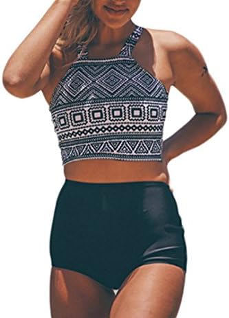 Women's Vintage Crop Swimsuit Top High Waisted Bathing Suit Bikini Set BI04 Black XXL