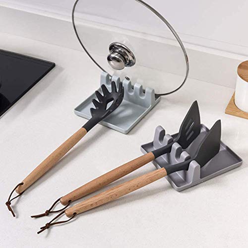2 PCS Silicone Heat Utensil Rest with Drip Pad for Multiple Utensils, BPA-Free Spoon Holder and Utensil Rest for Stove Top, Grill Kitchen Utensil Holder for Spatulas, Tongs, Ladles (Gray & Black)