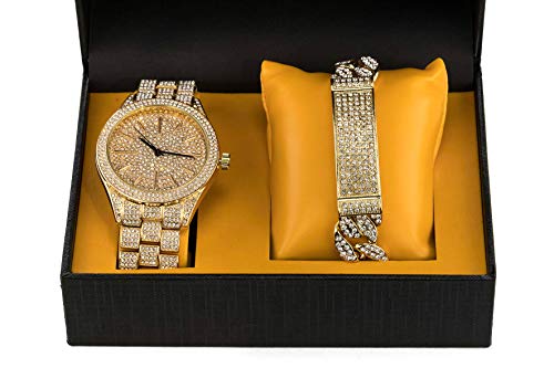 Men's Gold Watch Fully Covered with Simulated Diamonds & Iced Out Cuban Link ID Bracelet | Japanese Movement | Ferrari Yellow Gift Box | 2 Piece Gift Set