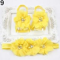 owhelmlqff Cute Newborn Baby Infant Girl Rose Flower Headband and Barefoot Ring Sandals Shoes Sweet and Fashionable Yellow Yellow