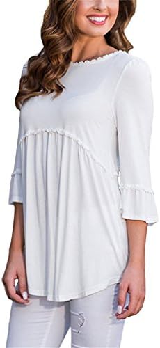 YOUHUA Women 3 4 Sleeve O-neck Cotton Solid Color Pleated Patchwork Casual Loose Long Top(HY06271-white-XXL)