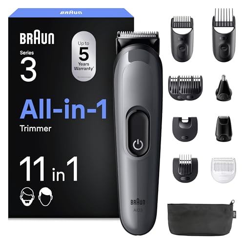 Braun All-in-One Trimmer-Set 3, 11-in-1 Multigroom, Barttrimmer, Nasenhaartrimmer, Haarschneidemaschine für Gesicht und Kopf, 50 Min Akku, 14 Längen (3–21 mm), AIO3565, Grau