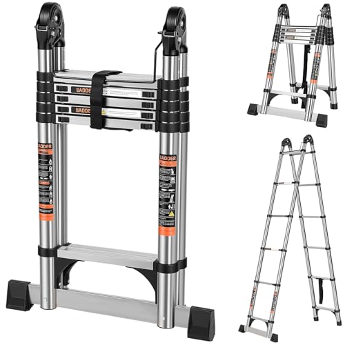 Escalera Telescópica Tipo A,Escalera Extensible de Aluminio Compacto de 5M, Escalera Telescópica Portátil para Autocaravana para Viajes al Aire Libre Con Barra Estabilizadora,Capacidad de 150KG