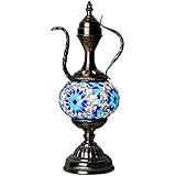 Marrakech Turkish Mosaic Glass Table Lamp Teapot Moroccan Lantern Decorative Tiffany Style Desk Night Light for Bedroom,Living Room, Coffee Table (Blue)