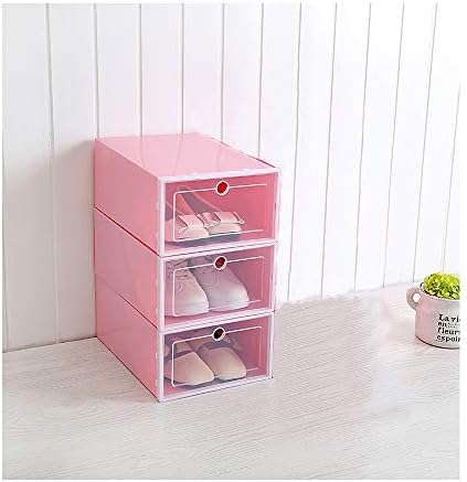 VIOLETY 3pc Storage Shoes Box Clear Plastic Foldable Stackable Shoe Container Closet Shelf Organizer (Small, Pink)