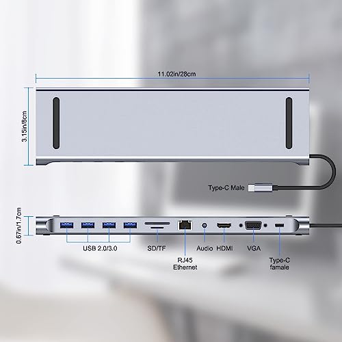 MAKINGTEC Laptop 11 in 1 USB C Docking Station, USB Type C to 4K 30Hz HDMI+VGA, SD/TF card reader, 5Gbps transfer speed, RJ45, 4 USB3.0, Adapter for MacBook, Mac Pro, Mac Mini, iMac