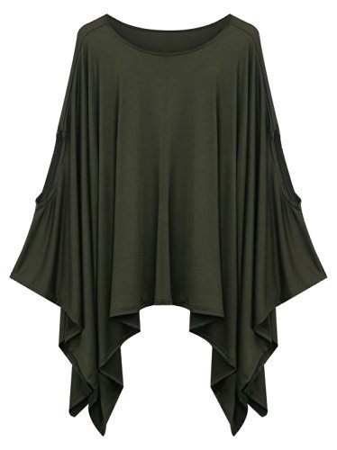Women\'s Solid Color Loose Plus Size Poncho Cape Top Blouse Dress Army Green M