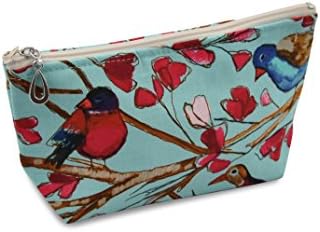 Dana Herbert Designer Travel Cosmetic Tolietries Bag, Size Small 4x7 inch Cotton with Plastic Liner, Handmade in USA, Aqua and Red Birds Pattern