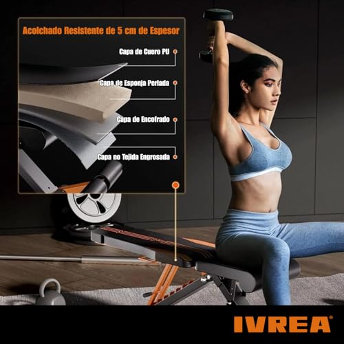 IVREA Banco de Pesas Ajustable y Plegable de Alta Resistencia – Banco Multifuncional Ajustable con Base Extra Ancha, Capacidad de 400 kg - Negro/Naranja