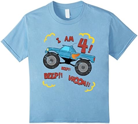 Kids 4th Birthday Monster Truck T-Shirt. Boys 4 year Birthday Tee 4 Baby Blue