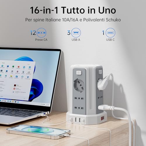 Power Strip 5 m with 12 Universal Sockets 10/16A ITA and Schuko and 3 USB A+1 USB C Overvoltage Protection with 4 Independent Switches, White