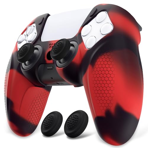 PlayVital Ninja Edition Anti-Slip Silicone Cover Skin for ps5 Wireless Controller, Ergonomic Protector Soft Rubber Case for ps5 Controller Fits with Charging Station with Thumb Grip Caps - Red & Black