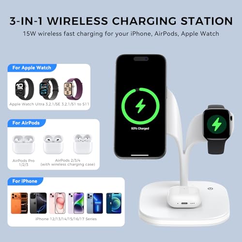 HJCE Cargador Inalámbrico 3 En 1 (para MagSafe), 3 En 1 Cargador Magsafe Compatible con iPhone 17, 16, 15, 14, 13, 12, Serie Apple Watch, Ultra, AirPods Pro 4/3/2 (Adaptador Incluido) (Blanco