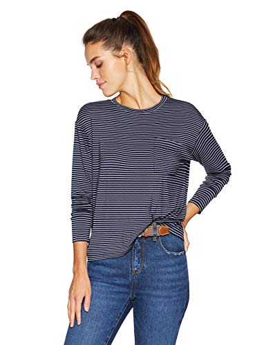 Daily Ritual Women's  Jersey Long-Sleeve Boxy Pocket Tee, Navy-White Stripe, Medium