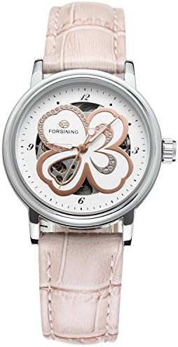 Sweetbless Wristwatch Women’s Four-leaves Dial Mechanical Self-wind Auto Pink PU Leather Band Watches