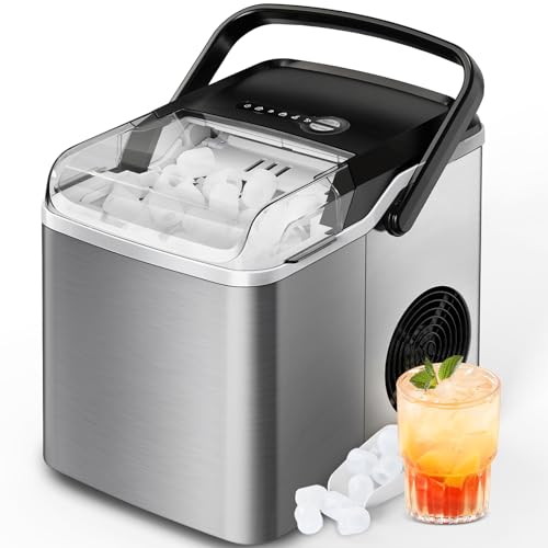 Silonn Countertop Ice Maker, 9 Cubes Ready in 6 Mins, 26lbs in 24Hrs, Portable Ice Machine with Self-Cleaning, 2 Sizes of Bullet Ice for Home/Kitchen/Party/RV, Stainless Steel