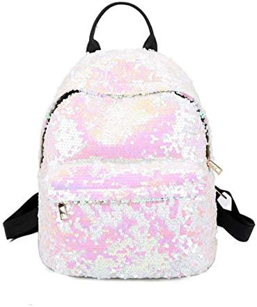 Veenajo Girls Bling Sequin Backpack Small Shiny Glitter Travel Daypack Bag (White)