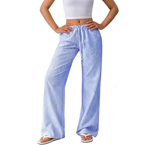 Esesoul Women's Striped Wide Leg Linen Pants, Elastic Waist… at Amazon