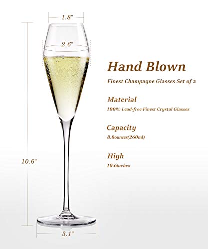 Crystal Champagne Glasses Set of 2,Hand Blown Wedding Flutes Glasses-100% Pure Lead Free Finest Crystal,Perfect Gifts for Wedding, Christmas,Anniversary,10.6", 8.8 Oz, Super Clear(New Gift Package) - Thumbnail 6