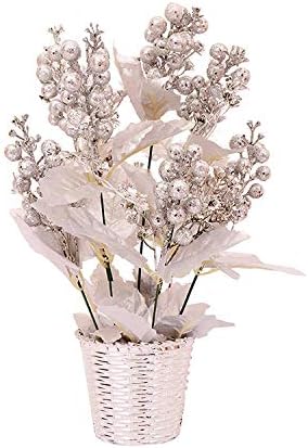 PG Creations Glitter Cherry Artificial Flower Plant with Plastic Vase Pot for Home and Office Decor, Silver, Height 35 cm