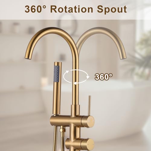 ARCORA Floor Bathtub Tap, Freestanding Bathtub Mixer, Pillar Bathtub Tap with Hand Shower, 360° Swivel, Copper and Stainless Steel, Ceramic Cartridge, Gold