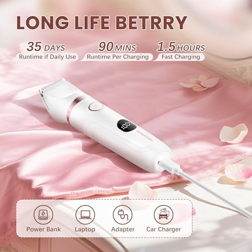 MAXGROOM Bikini Trimmer for Women, 3-in-1 Painless Electric Razor for Pubic Hair, Waterproof Cordless Lady Shaver with LED Light, Travel Pouch & Easy Cleaning