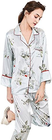 Belle Heure Women’s Pajamas Set Long Sleeve Silk Satin Classic Floral Pj Set S-XL