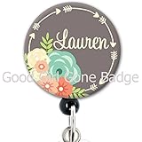 Retractable Badge Reel - Grey Floral Arrows - Personalized Name - Badge Holder / Nurse / Teacher / Medical / Cute Badge Reel