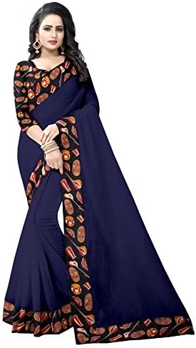 Febo Fashion Women's Cotton Chanderi Kalamkari Saree, Free Size (Navy Blue)