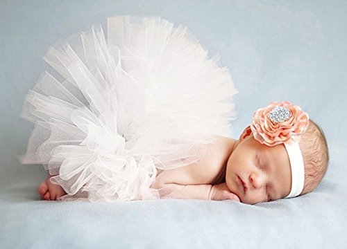PHEZEN Baby Newborn Infant Photo Photography Prop Costume Outfits Tutu Dress Skirt Suit Flower Headband Set (White)