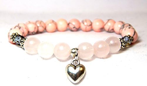 Pink Rose Quartz Semi-precious Gemstone Beaded Bracelet with Heart Charm