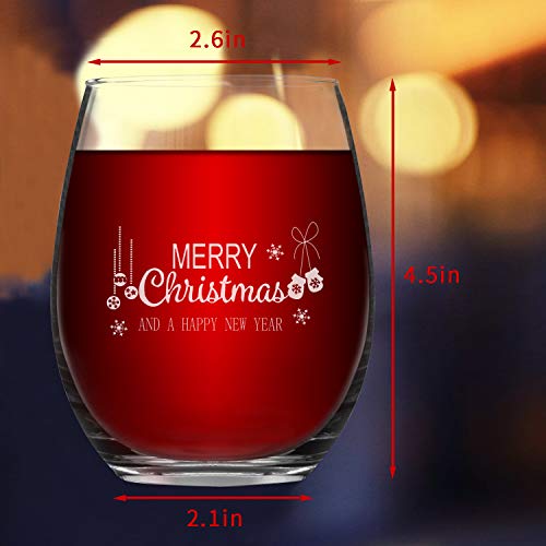 Merry Christmas and Happy New Year Stemless Wine Glass Set, 15 Oz Funny Stemless Wine Glasses for Women Friends Men, Gift Idea for Christmas Wedding Party, Set of 2