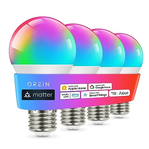 Photo 1 of OREiN Matter Smart RGBTW Bulb, Smart Light Bulbs Work with Apple Home, Alexa, Google Home, SmartThings, A19 Color Changing Light Bulbs 2.4Ghz WiFi, 800 Lumens Equivalent 60W 4Pack