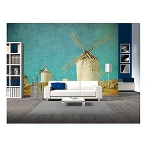 Vintage Image of Windmills in Consuegra, Spain - Removable Wall Mural | Self-Adhesive Large Wallpaper - 66x96 inches