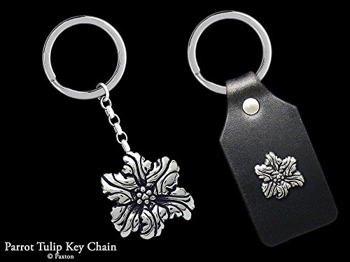 Sterling Silver Parrot Tulip Flower Keychain in a Large Carving Design or a Small Carving on Leather Design Handmade by Paxton