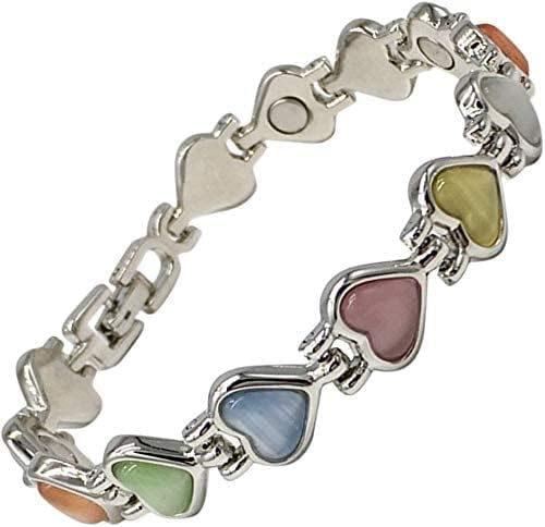 Helena Rose Jewellery Heart Charm Magnetic Bracelet for Women – Silver Tone Adjustable Link Bracelet with Pastel Multi-Coloured Cat’s Eye Gemstones – Romantic Gift Boxed Jewelry for Her, 18cm