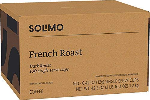 AMAZON BRAND – SOLIMO DARK ROAST COFFEE PODS, FRENCH ROAST, COMPATIBLE WITH KEURIG 2.0 K-CUP BREWERS, 100 COUNT